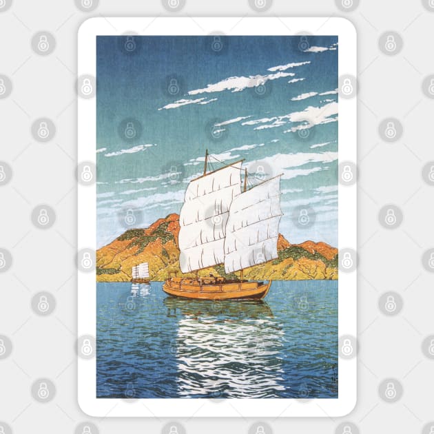 Boat Transporting Rocks at Bingo by Kawase Hasui Sticker by Takeda_Art